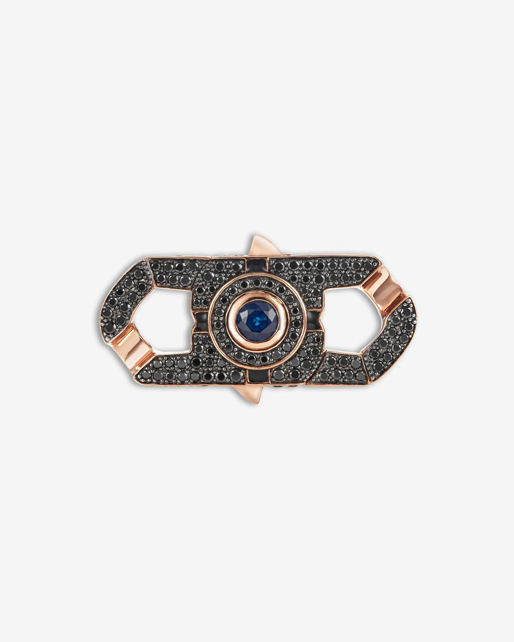 Men’s 18 ct rose-gold Revolutionary bracelet clasp by Stephen Webster with central blue sapphire, black mother-of-pearl inlay and black diamond pavé — for 18 mm Cuban bracelets