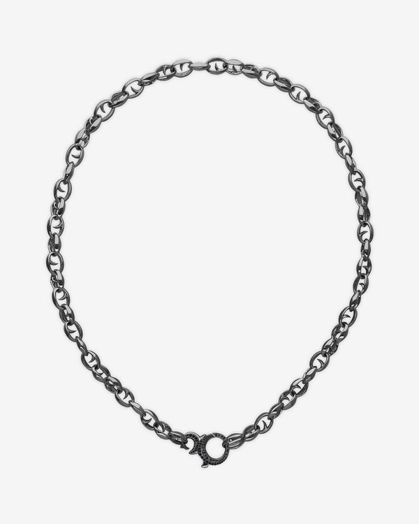 Men’s black rhodium sterling silver Thorn Classic 8.5mm link chain by Stephen Webster with bold thorn motif and polished finish