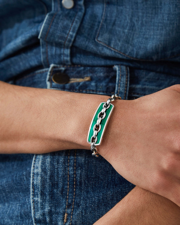 Male model wearing Stephen Webster Inline Razer Malachite Bracelet in sterling silver with green malachite — luxury men’s jewellery styling