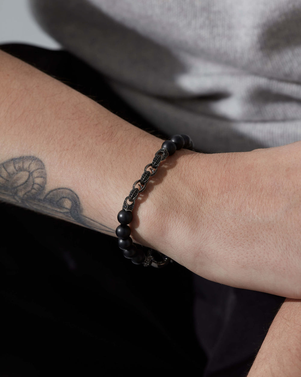 Men’s sterling silver Thorn Beaded Bracelet with black sapphire and matt black onyx beads by Stephen Webster
