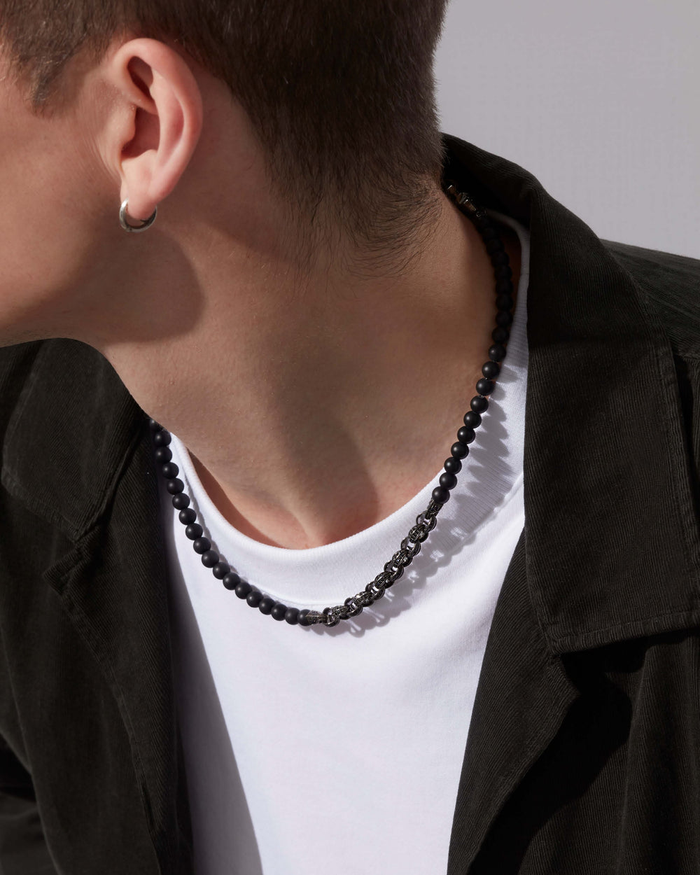 Men’s sterling silver Thorn Black Sapphire Beaded Necklace by Stephen Webster with matt black onyx beads and black sapphire pavé links