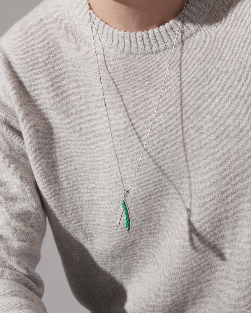 Stephen Webster sterling silver Switchblade pendant with green malachite inlay on chain — mens luxury jewellery