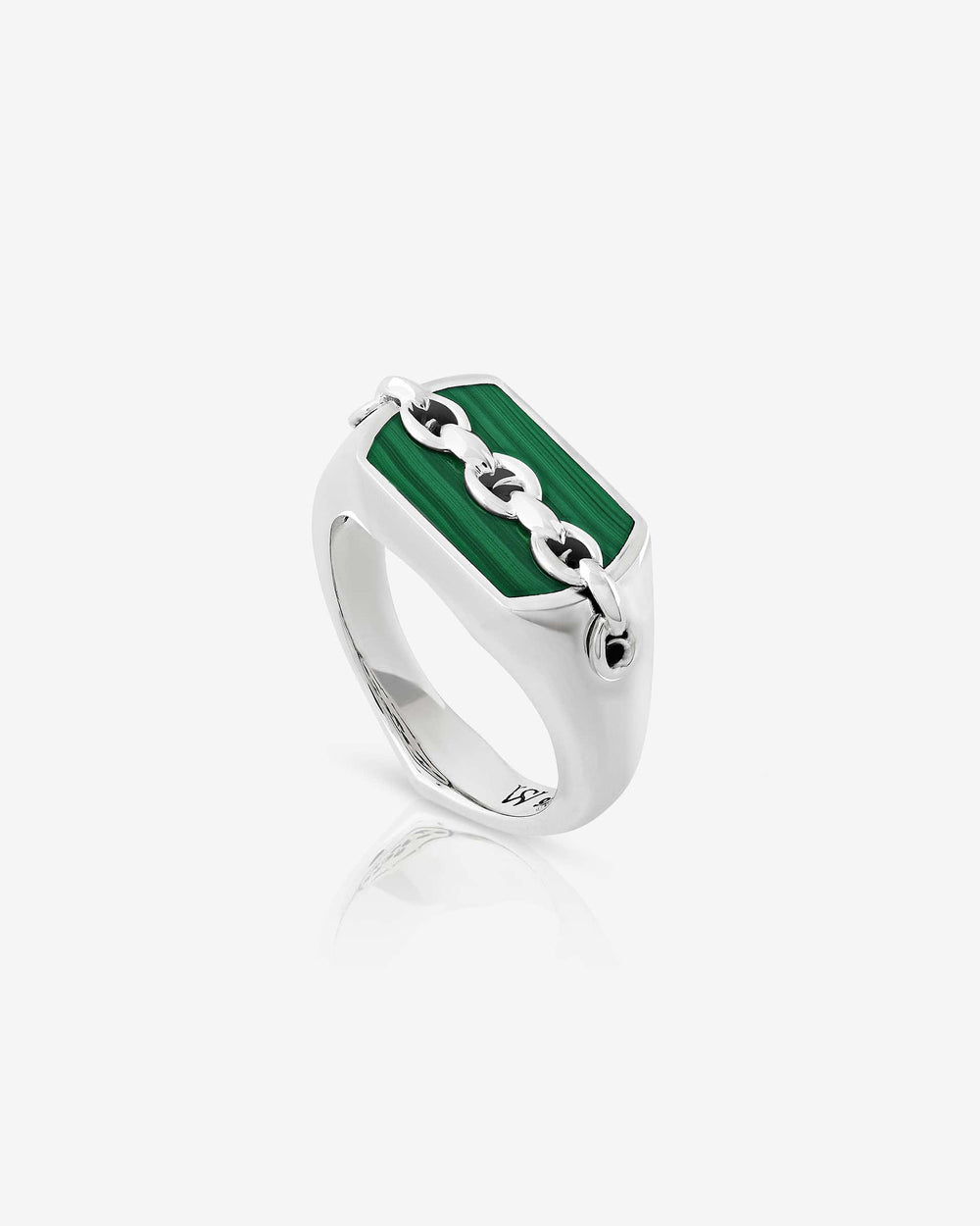 Men’s sterling silver Inline Malachite Pinky Ring by Stephen Webster with vibrant green malachite inset