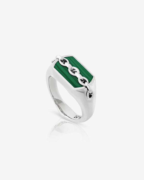 Men’s sterling silver Inline Malachite Pinky Ring by Stephen Webster with vibrant green malachite inset