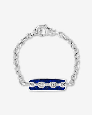 Men’s sterling silver Inline Razer Lapis Bracelet by Stephen Webster featuring blue lapis inlaid ID tag and thorn-inspired link design