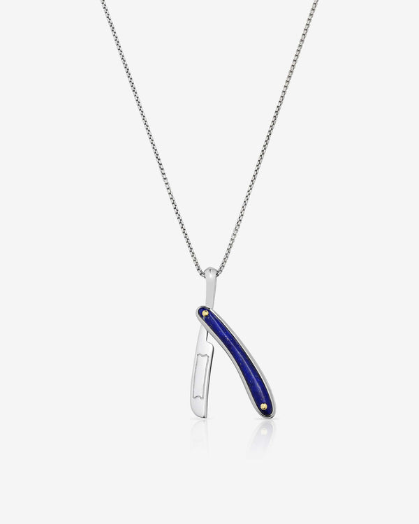 Stephen Webster sterling silver Switchblade pendant with blue lapis inlay on 30 inch chain — men’s luxury necklace