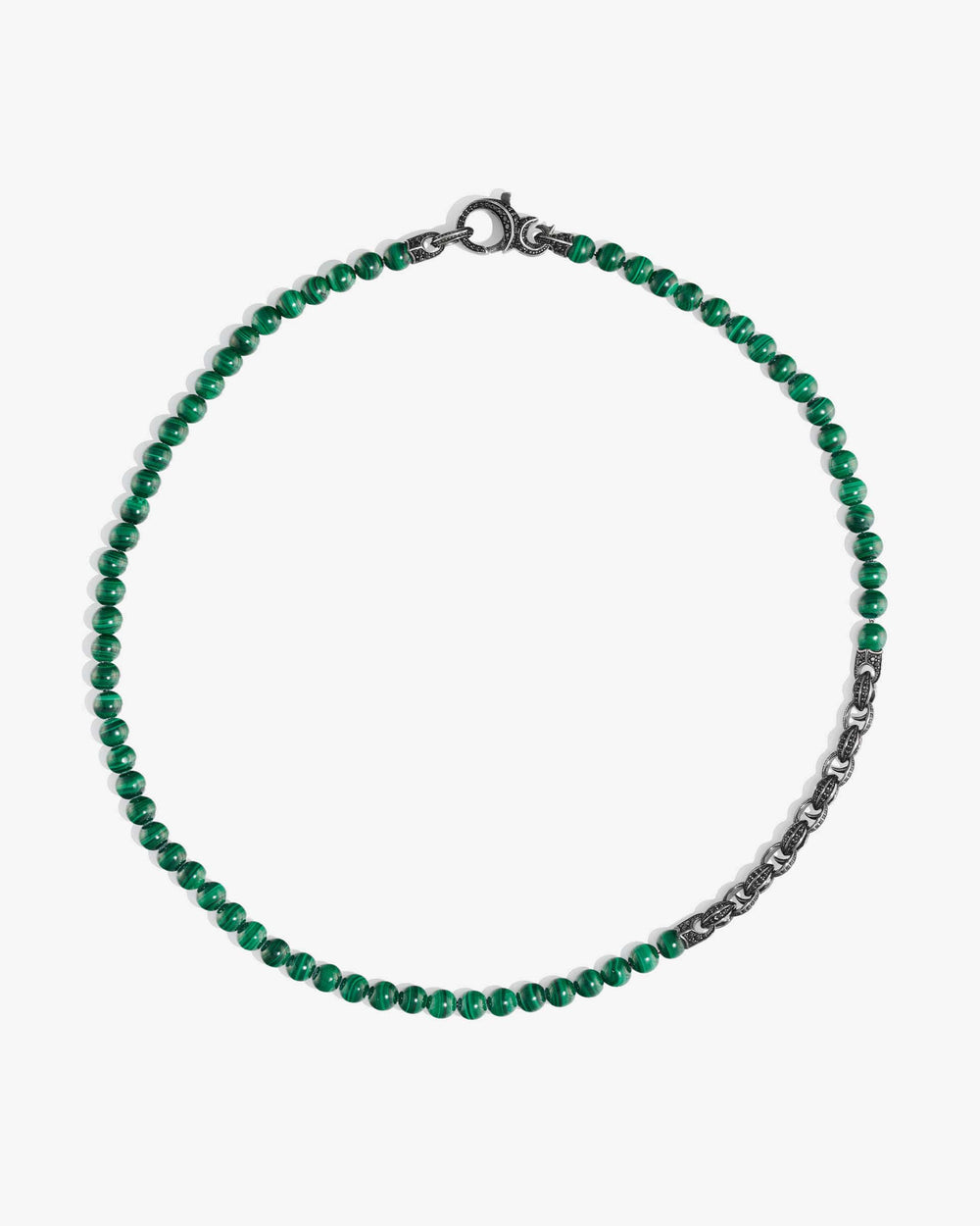 Men’s sterling silver Thorn Black Sapphire & Malachite Beaded Necklace by Stephen Webster with green malachite gemstone beads and black sapphire Thorn links