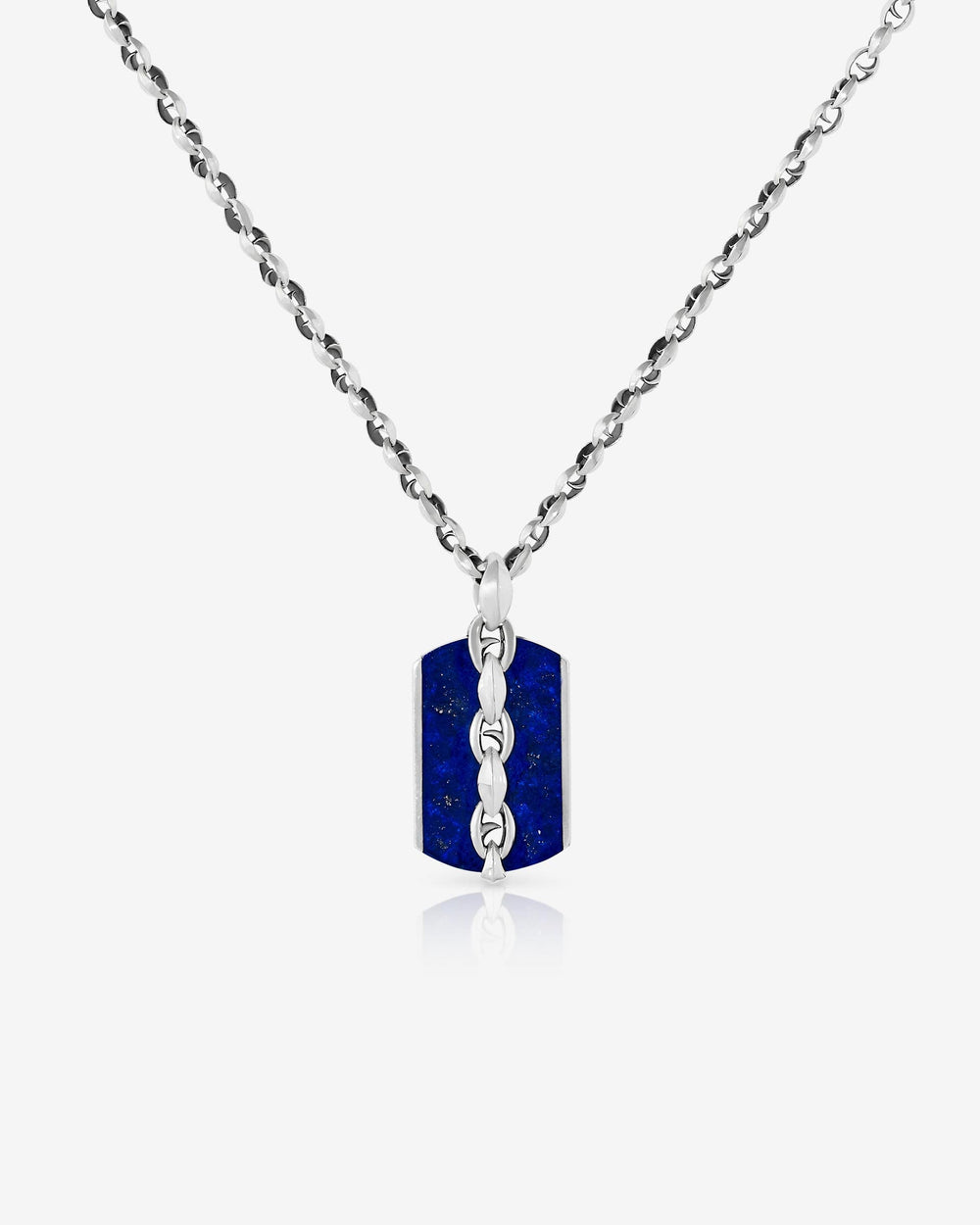 Men’s sterling silver Thorn Large Razer Tag Lapis necklace by Stephen Webster with blue lapis inlay on Thorn chain