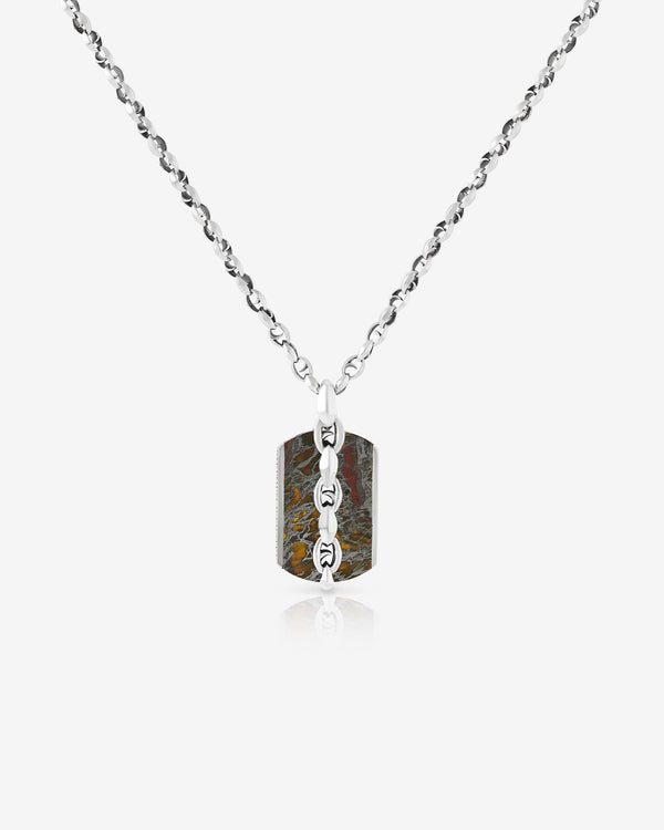 Men’s sterling silver Thorn Large Razer Tag Tiger Iron Necklace by Stephen Webster with tiger iron inlaid dog tag and Thorn chain