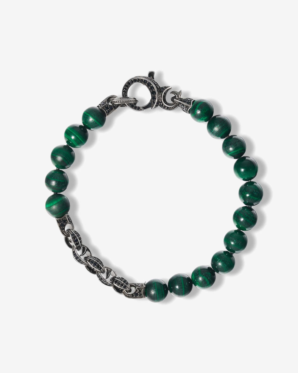 Men’s sterling silver Thorn Malachite Beaded Bracelet by Stephen Webster with green malachite beads and black sapphire encrusted Thorn links