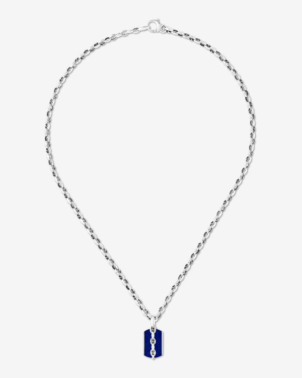 Men’s sterling silver Thorn Medium Razer Tag Lapis necklace by Stephen Webster with blue lapis inlay on reversible dog tag pendant