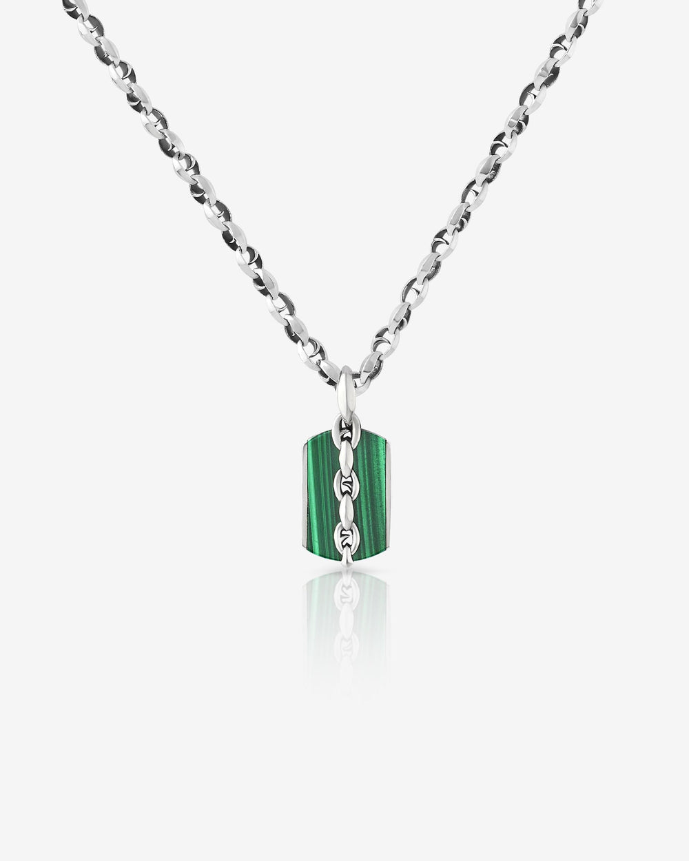Men’s sterling silver Thorn Medium Razer Tag Malachite necklace by Stephen Webster with green malachite inlay on reversible dog tag