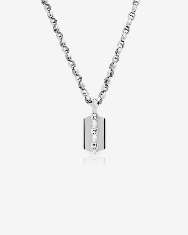 Men’s sterling silver Thorn Medium Razer Tag necklace by Stephen Webster with engraved reversible dog-tag and Thorn small link chain