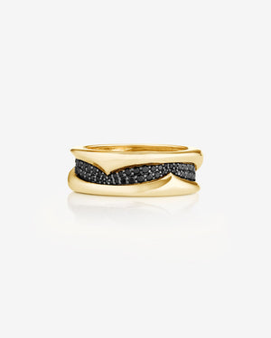 Unisex thorn sculpted 18k yellow gold wedding band with sculptural twist design and black diamond pavé