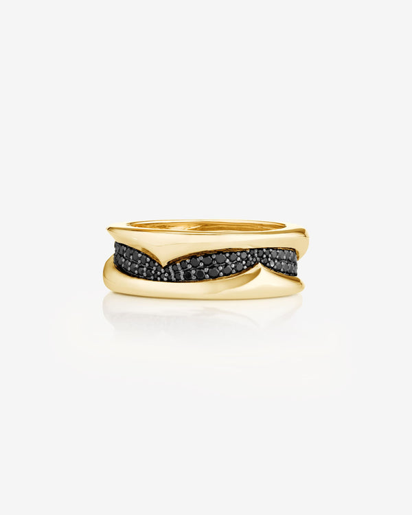 Unisex thorn sculpted 18k yellow gold wedding band with sculptural twist design and black diamond pavé