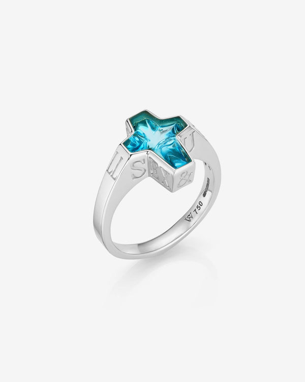 Stephen Webster Mini Rockstar ring in 18 ct white gold with central blue topaz gemstone — front view