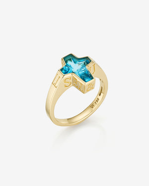 Stephen Webster Mini Rockstar Ring in 18 ct yellow gold with blue topaz gemstone — front view