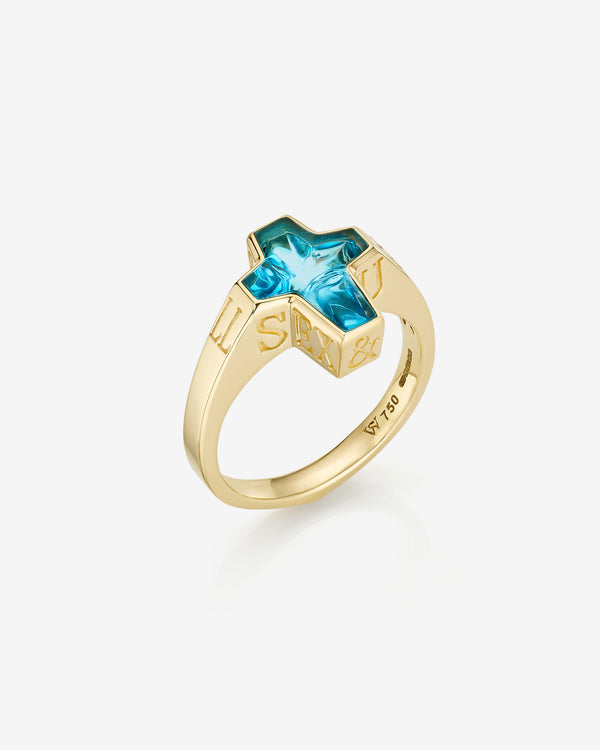 Stephen Webster Mini Rockstar Ring in 18 ct yellow gold with blue topaz gemstone — front view