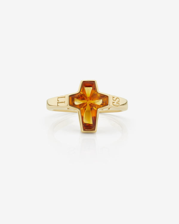 Flat-lay view of Stephen Webster Mini Rockstar Ring on neutral background — citrine gemstone ring in yellow gold