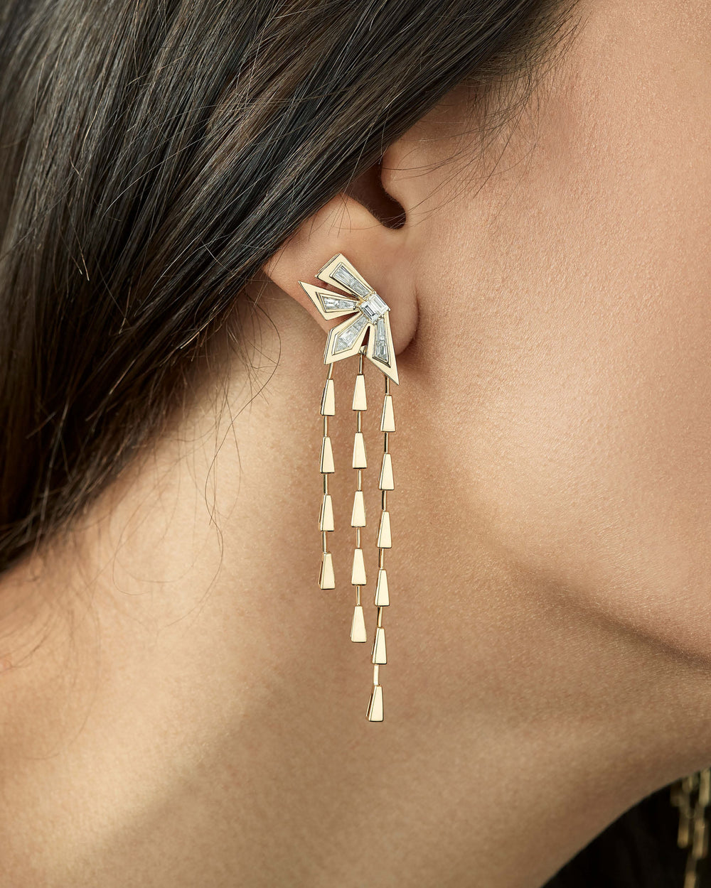 Stephen Webster Cascade Earrings in 18ct yellow gold with white diamonds, luxury fine jewellery statement earrings, perfect gift for her