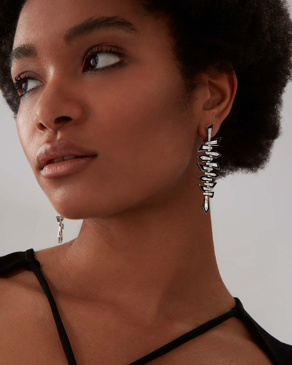 Stephen Webster Enamel Shattered Long Drop Earrings in 18ct white gold with tapered baguette and trilliant white diamonds and black enamel, luxury fine jewellery statement earrings and perfect gift for her