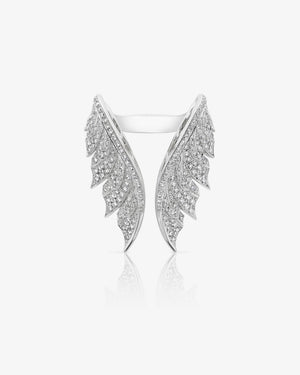Open Tail Feather Ring in 18ct white gold with white diamond pavé, feather-inspired cocktail design