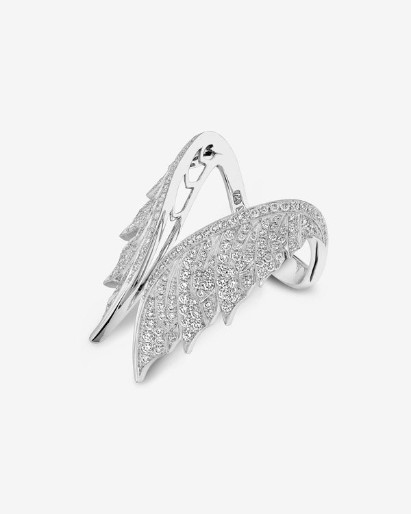 Angled view of Open Tail Feather Ring in white gold with intricate diamond pavé feather motif