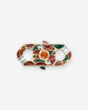 Stephen Webster Out of the Cube clasp in sterling silver with central fire opal, green & orange enamel and mother of pearl back plate — front view