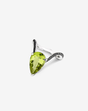Pear Inner Cocktail Ring in 18ct white gold with central pear-shaped peridot and white diamond pavé