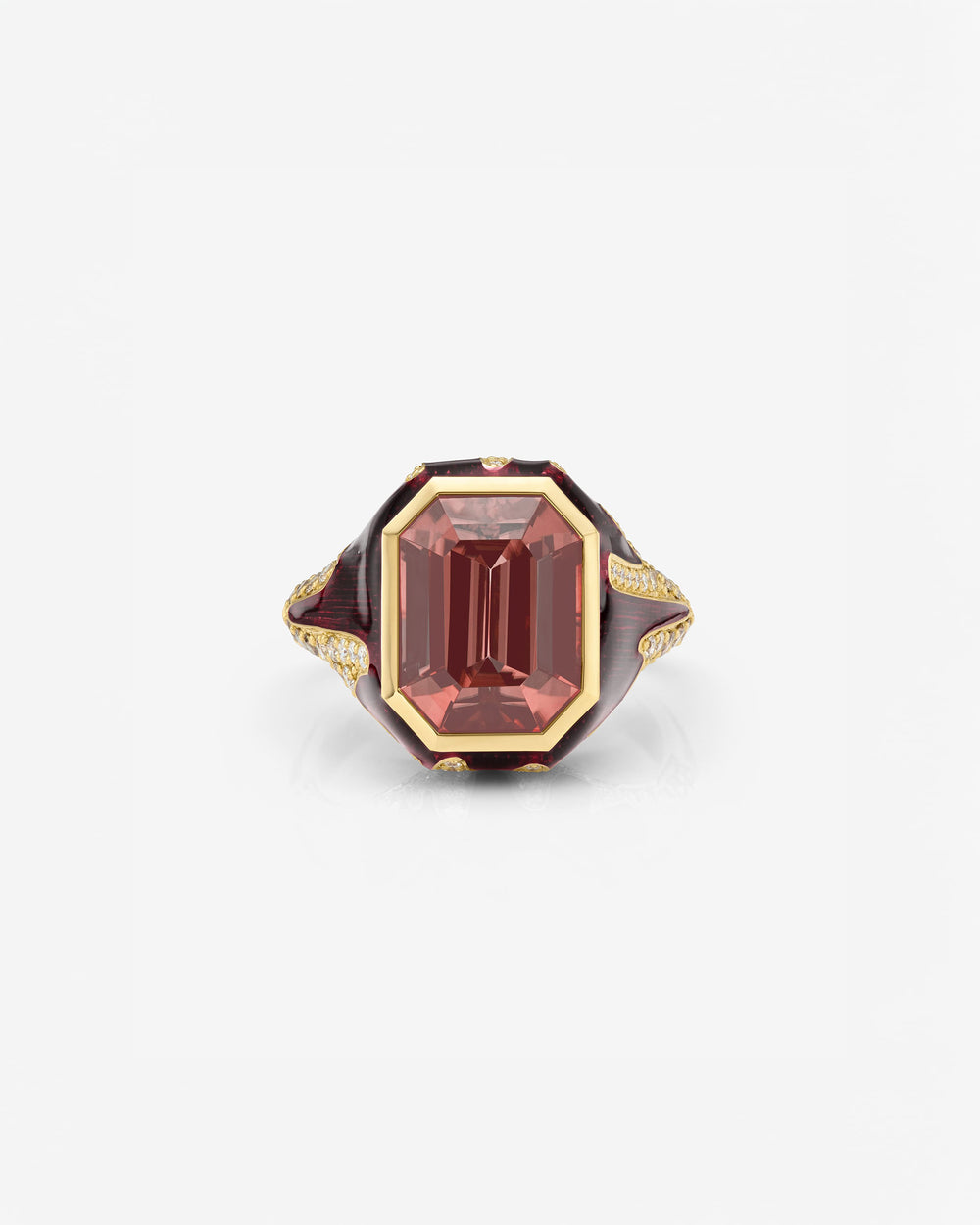 Pink Zircon and 18ct Yellow Gold signet ring by Stephen Webster, side view