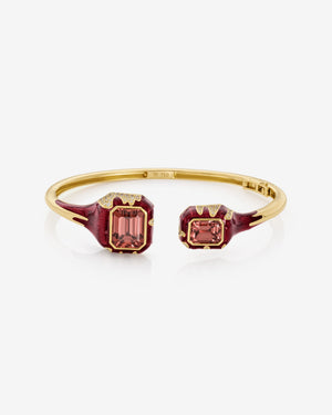 Pink Zircon and 18ct Yellow Gold bangle bracelet with White and Brown Diamond pavé by Stephen Webster, aerial view