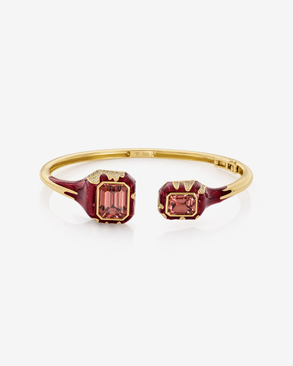 Pink Zircon and 18ct Yellow Gold bangle bracelet with White and Brown Diamond pavé by Stephen Webster, aerial view