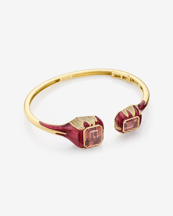 Pink Zircon and 18ct Yellow Gold bangle bracelet with White and Brown Diamond pavé by Stephen Webster, detail view