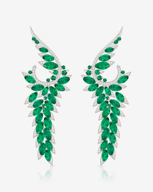 Plumage Long Earrings in 18ct white gold with marquise-cut emeralds and white diamond pavé – feather-inspired fine jewellery