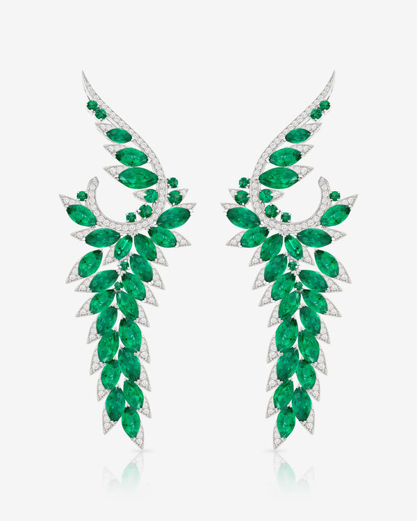 Plumage Long Earrings in 18ct white gold with marquise-cut emeralds and white diamond pavé – feather-inspired fine jewellery