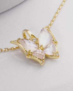 Fly By Night butterfly Crystal Haze mini pendant necklace in 18k yellow gold with white mother of pearl and diamond pavé