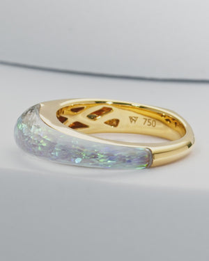 Stephen Webster white opalescent Crystal Haze slimline shard stack ring in 18ct yellow gold with white opalescent Crystal Haze and diamond accents
