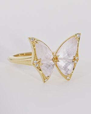 Fly By Night butterfly Crystal Haze mini cocktail ring in 18k yellow gold with white mother of pearl and diamond pavé