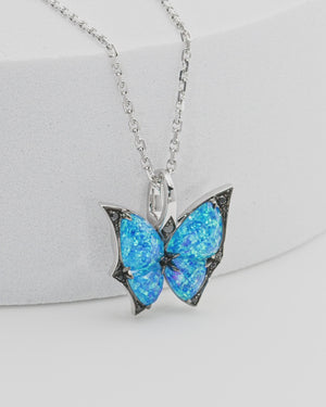 Fly By Night butterfly Black Opalescent Crystal Haze mini pendant necklace in 18k white gold with black diamond pavé fine jewellery