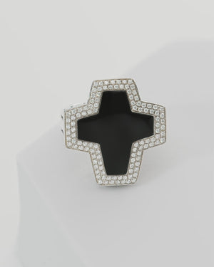 Stephen Webster Sex & Drugs & Rock & Roll cross-shaped ring in sterling silver with central black onyx cross and pavé diamonds — front view