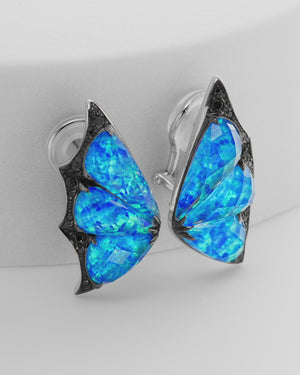 360 video of Stephen Webster Crystal Haze blue butterfly cuff earrings — Black Opalescent quartz layered under faceted quartz, set with black diamond pavé