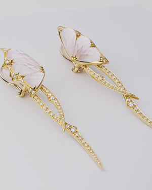Fly By Night butterfly drop earrings in 18k yellow gold with white mother of pearl and diamond pavé