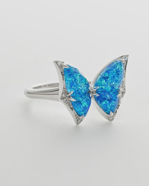 Fly By Night butterfly Crystal Haze mini cocktail ring in 18k white gold with Black Opalescent Crystal Haze and white diamond pavé