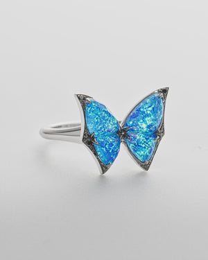 Fly By Night butterfly Crystal Haze mini cocktail ring in 18k white gold with Black Opalescent Crystal Haze and black diamond pavé