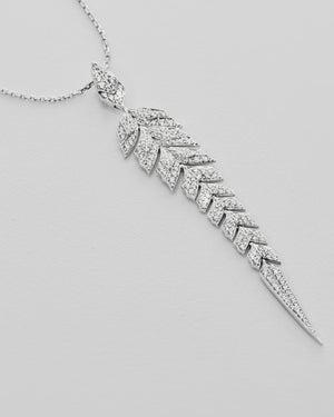 White Diamond Pavé Tail Feather Long Drop Pendant in 18ct white gold — luxury feather jewellery with articulated feather-inspired design
