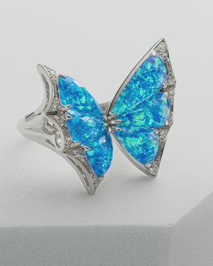 Fly By Night butterfly Crystal Haze cocktail ring in 18k white gold with Black Opalescent Crystal Haze and white diamond pavé