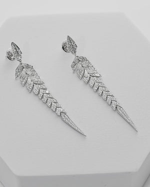 White Diamond Pavé Tail Feather Long Drop Earrings in 18ct white gold — luxury feather jewellery with articulated feather design