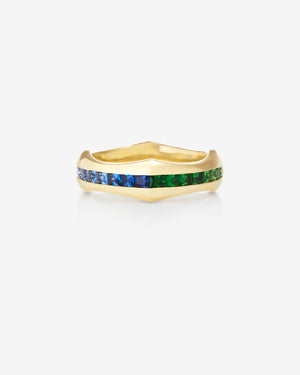 Quadrafoil rainbow baguette men’s wedding band with multi-colour diamonds