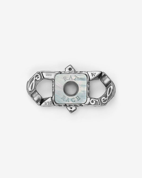 Stephen Webster Rat Race clasp in 18k yellow gold & sterling silver with black onyx, red garnet, emerald and mother of pearl back plate — back view