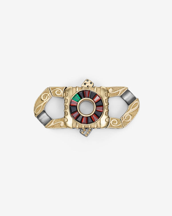 Stephen Webster Rat Race clasp in 18k yellow gold & sterling silver with black onyx, red garnet, emerald and mother of pearl back plate — front view